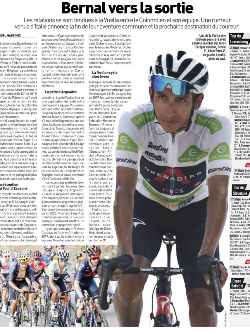 La página de L'Equipe en la que informa de la situación de Egan Bernal y un posible fichaje por Movistar Team