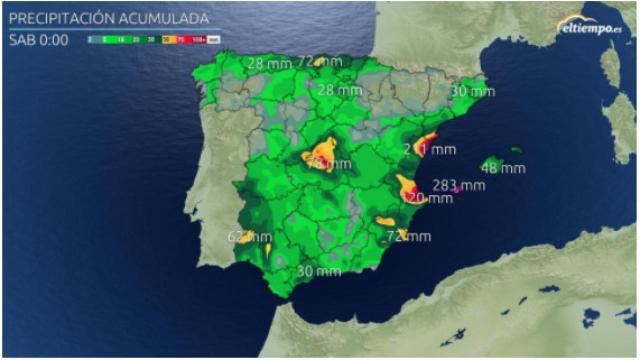 Acumulación de precipitación prevista hasta el viernes 24 de septiembre. Eltiempo.es