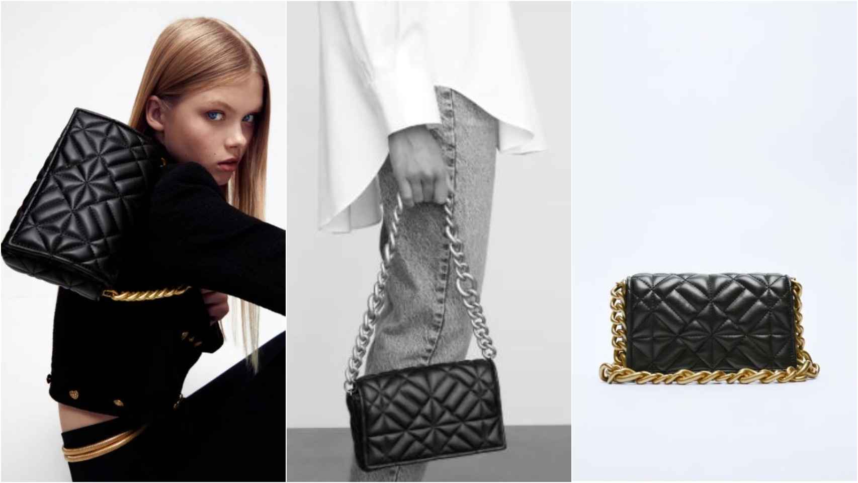 Modelo con bolso de Zara que recuerda al 2.55 de Chanel. Su precio, 22,95 euros.