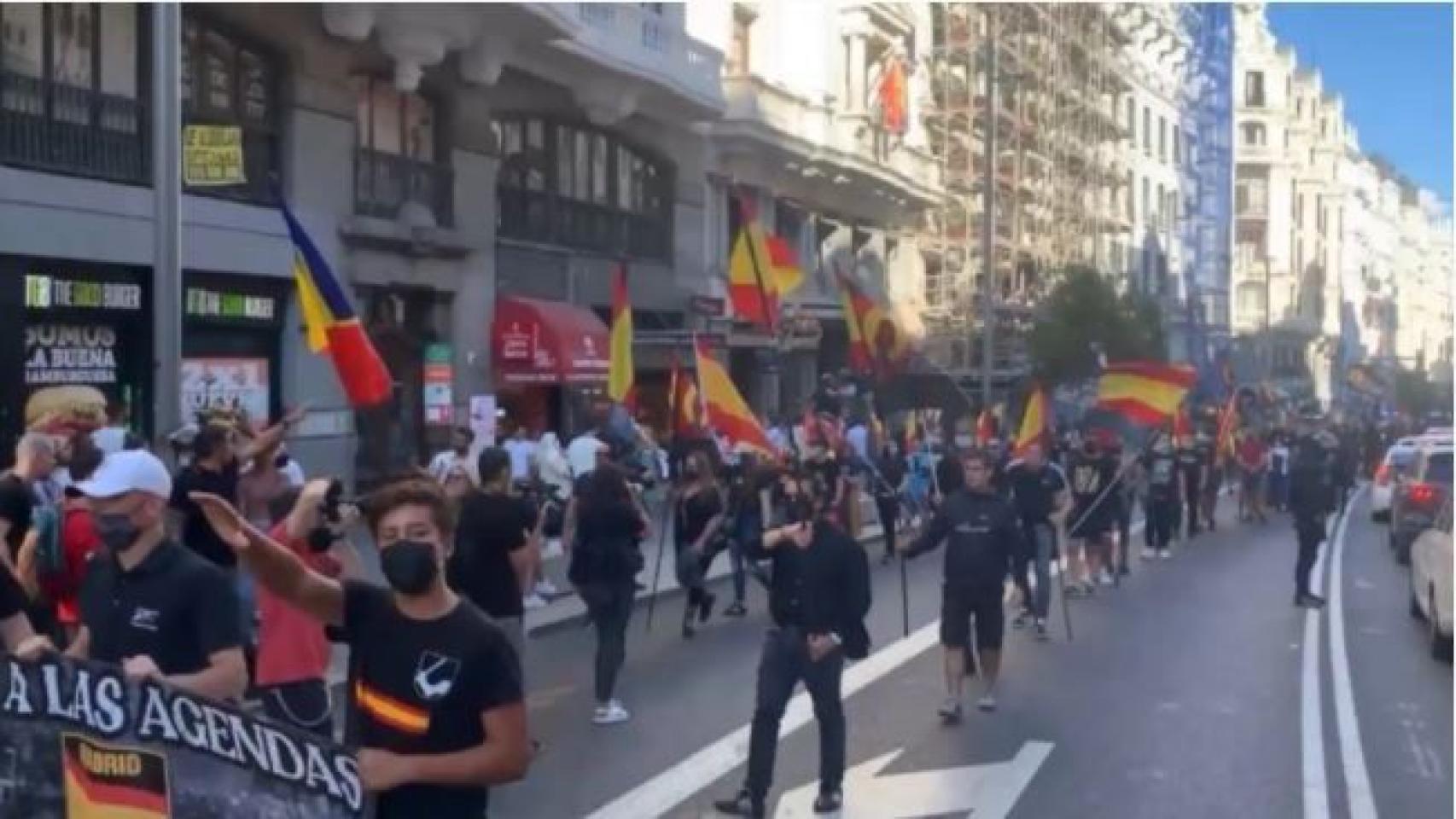 Varios manifestantes hacen el saludo fascista en la manifestación organizada por la plataforma Madrid Seguro el pasado sábado.