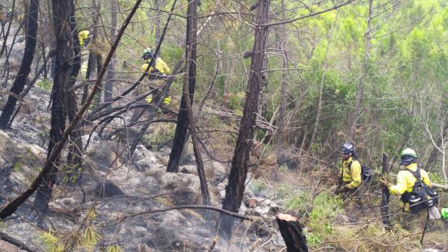 Trabajos de extinción del fuego en Sierra Bermeja, Málaga.