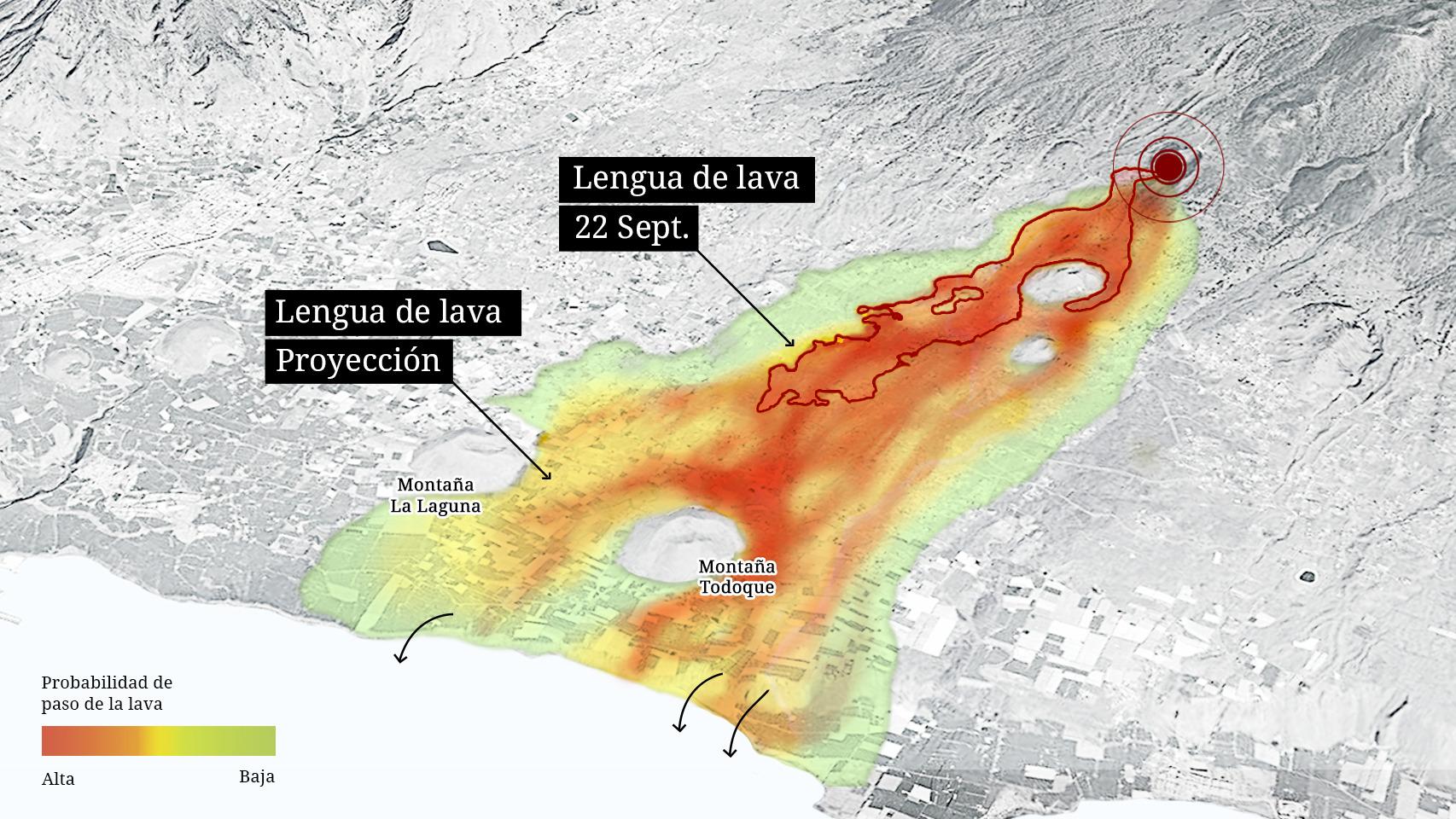 Proyección del camino que puede seguir la lava tras la erupción del volcán de Cumbre Vieja.