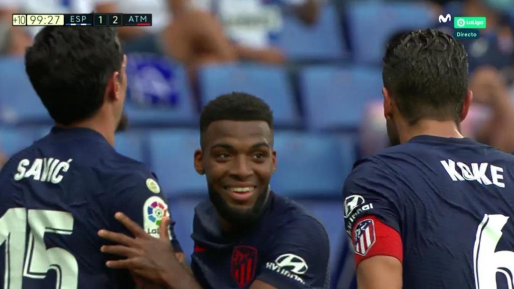 La celebración de Thomas Lemas durante la retransmisión del Espanyol - Atlético