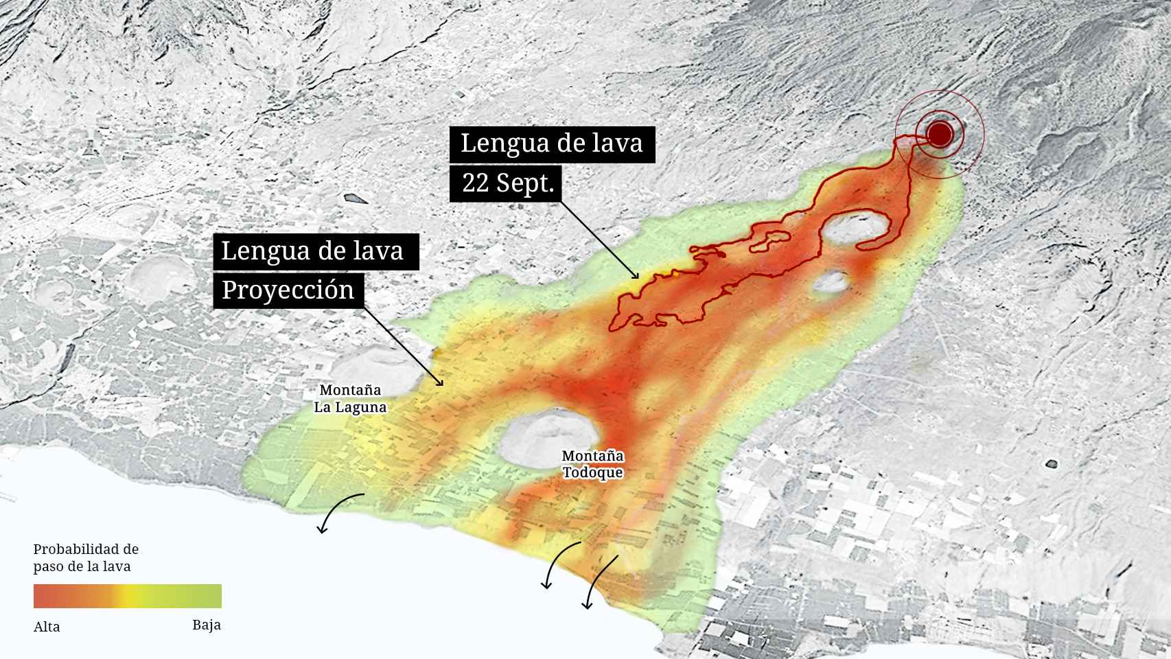 Proyección de la progresión de lava del volcán de La Palma.