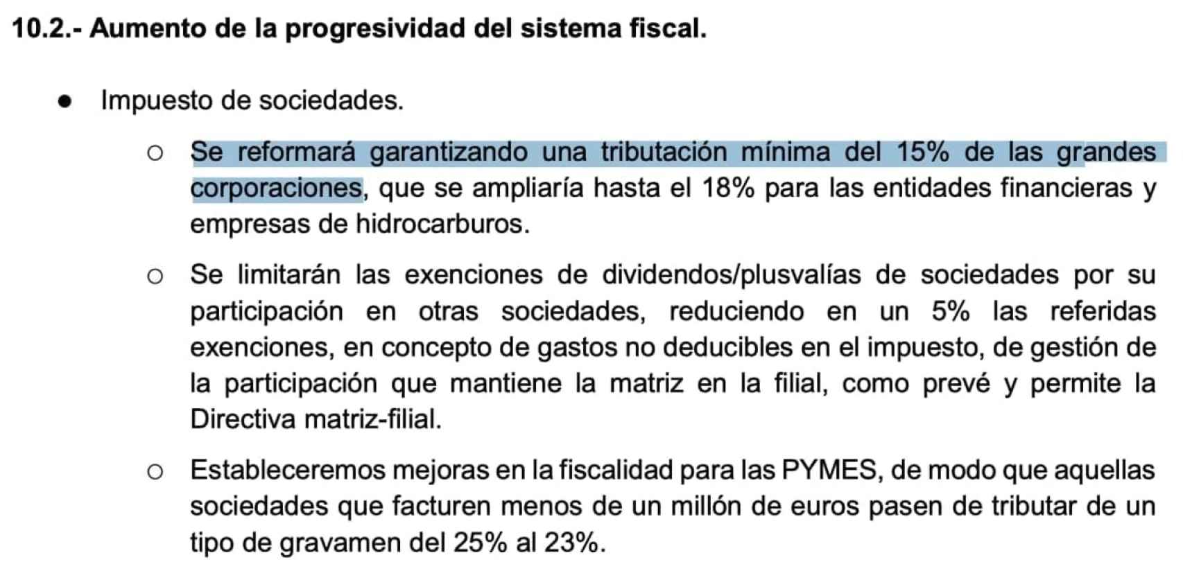 Extracto del capítulo fiscal en el programa de coalición entre PSOE y Unidas Podemos.