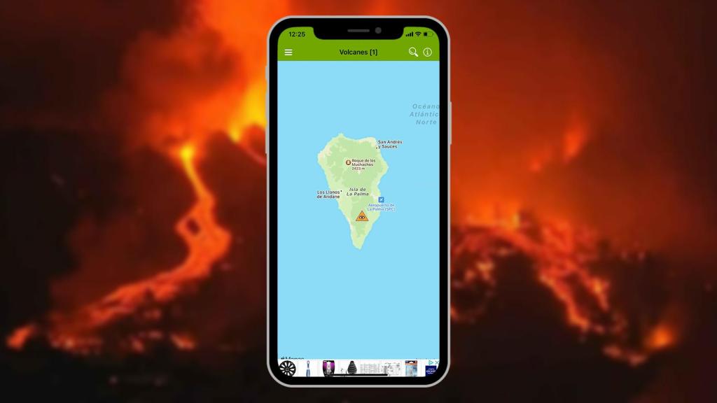 Un iPhone con el volcán de Palma de fondo.