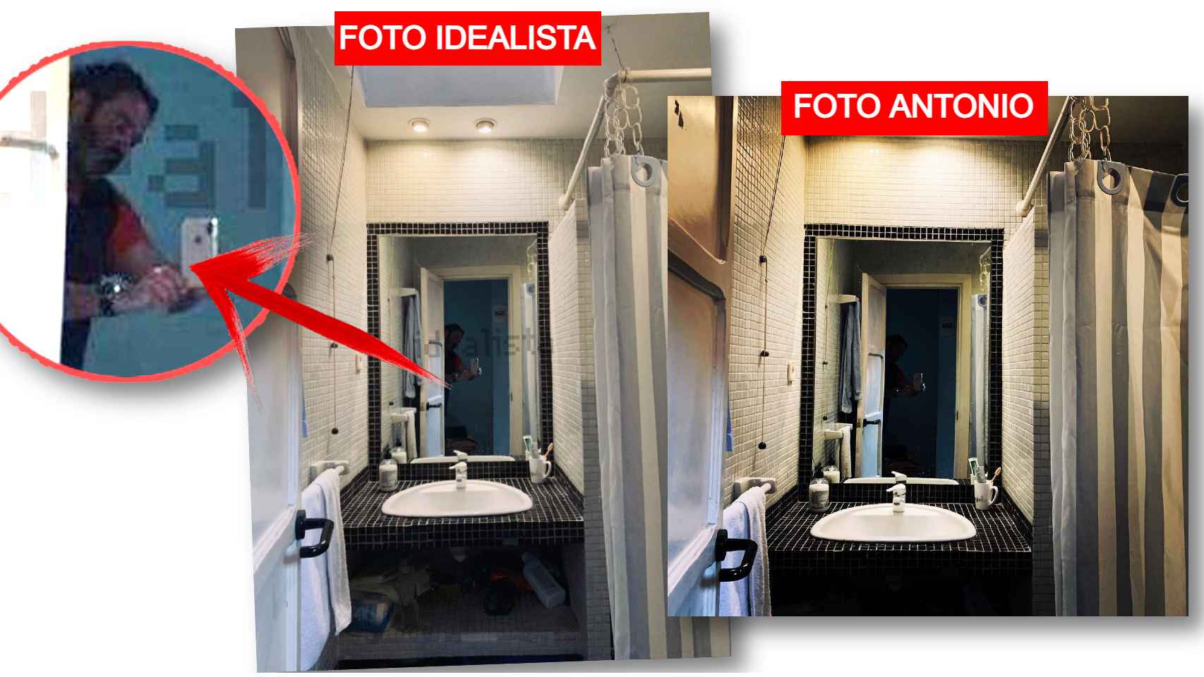 Fotografías del baño del estudio. Imagen de la inmobiliaria comparada con la compartida por Antonio Pardo.