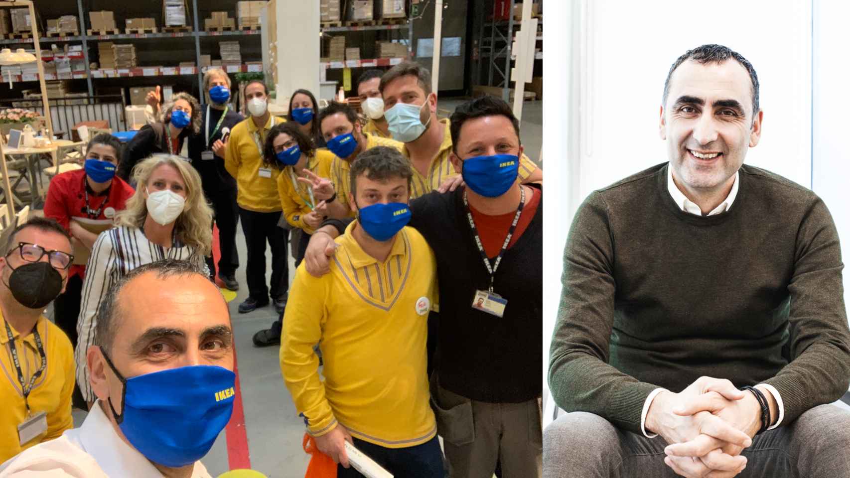 Foto 'selfie' de Nurettin junto a parte de la plantilla de IKEA en España y una foto como nuevo CEO.