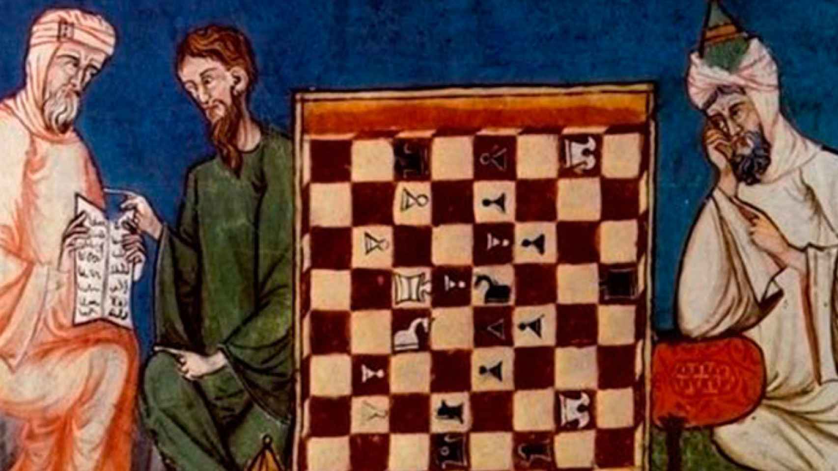 Composición pictórica de los primeros maestros árabes de ajedrez, donde uno de ellos juega de espaldas.