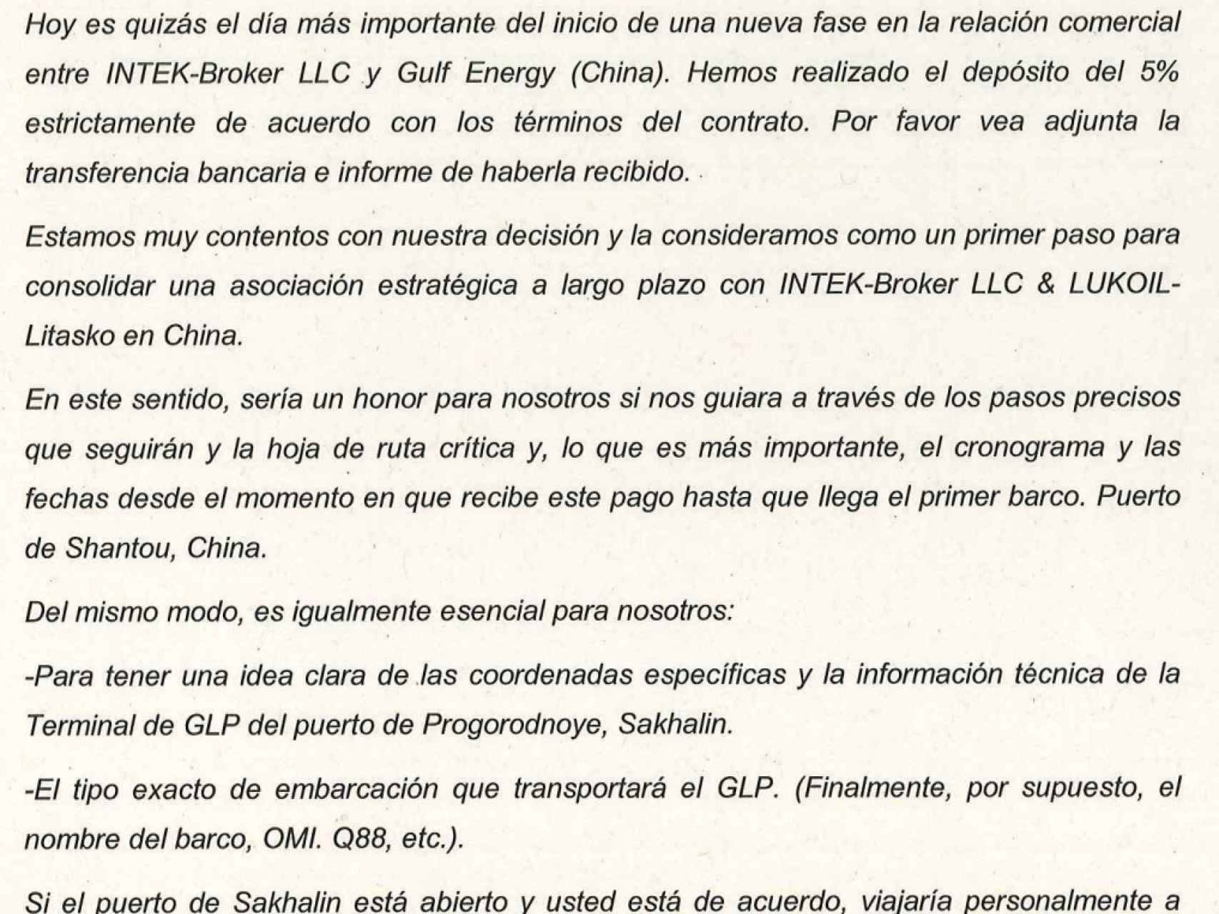 Traducción realizada por la Guardia Civil del correo electrónico enviado por el consejero delegado de la compañía china Gulf Energy, Andrés Pena.
