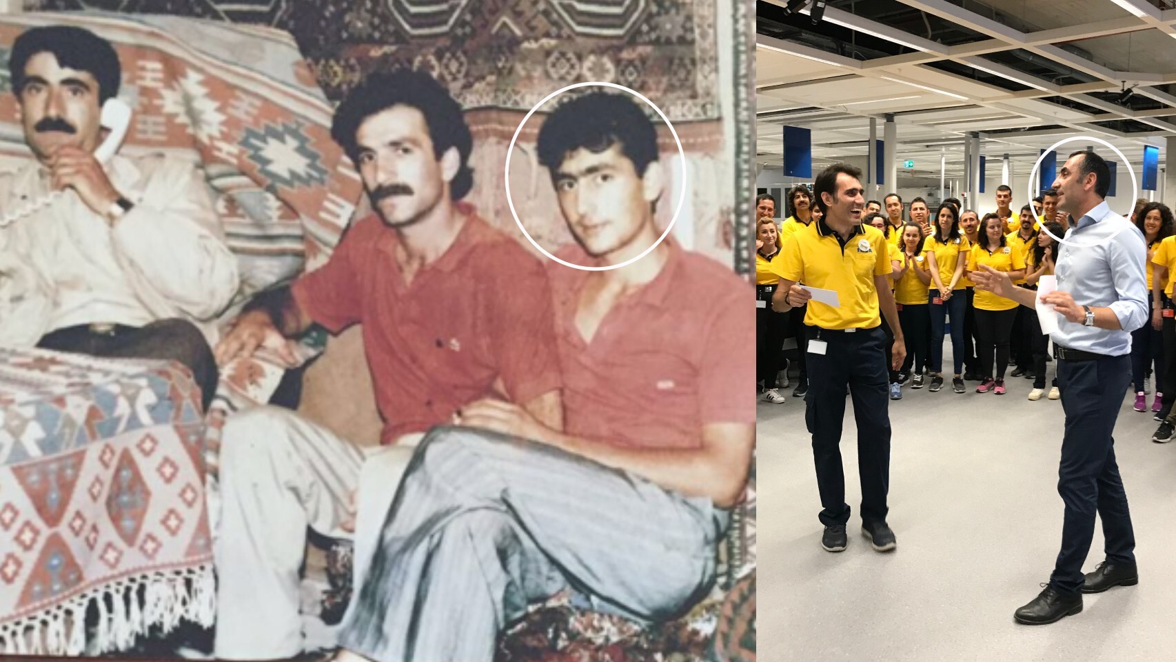 A la izquierda, un joven Nurettin Acar en la tienda en la que trabajó en Van (Turquía) y, a la derecha, hablando con los colaboradores de Ikea España.