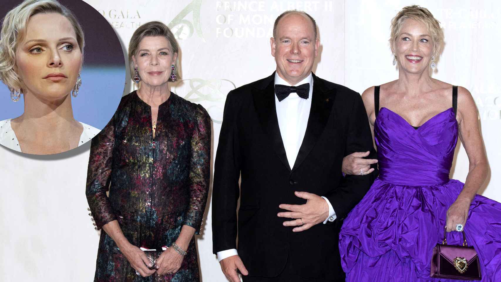 Alberto de Mónaco, en el centro, junto a su hermana, Carolina, y la actriz Sharon Stone; y Charléne, en un montaje de Jaleos.