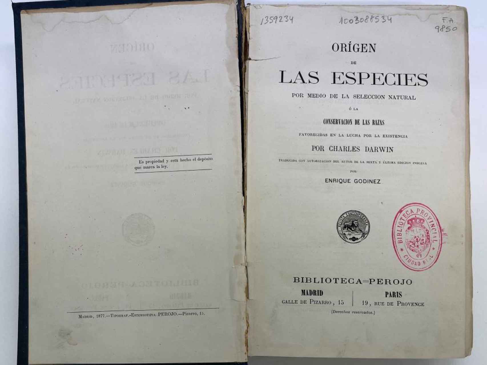 Castilla-La Mancha restaura la primera edición en español del Origen de las Especies de Darwin