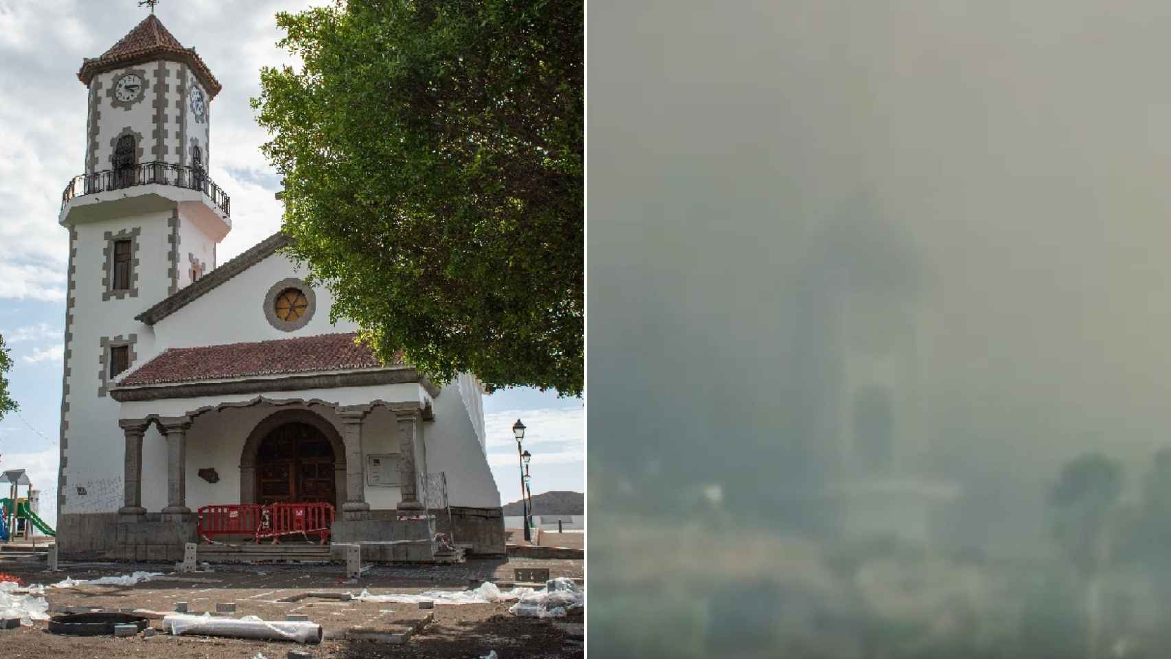 La iglesia de Todoque horas antes del derrumbe (Carlos Aciego, EL ESPAÑOL) y tras colapsar (imágenes de la RTVC).