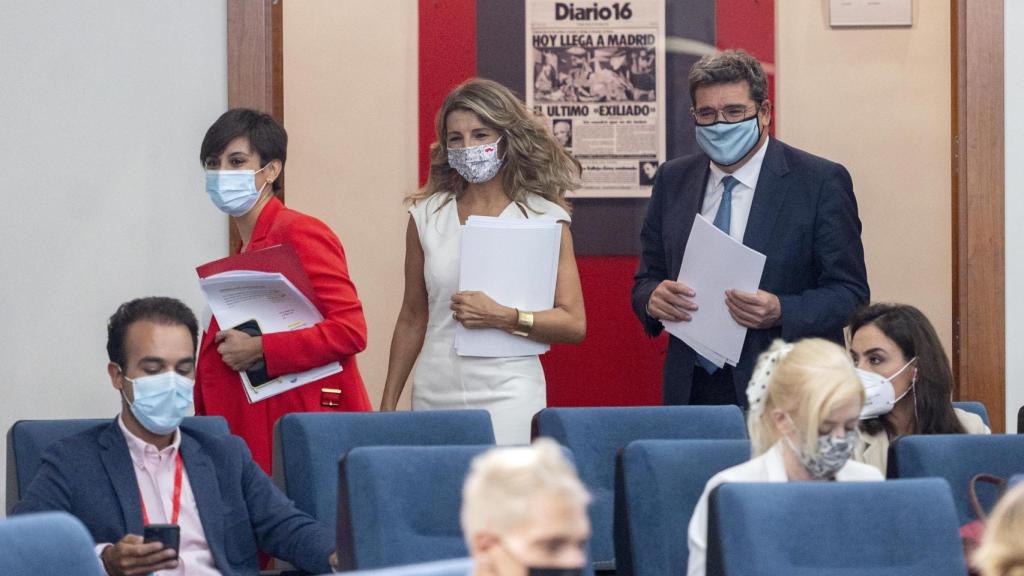 Isabel Rodríguez, Yolanda Díaz y José Luis Escrivá.