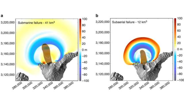 Simulaciones del primer tsunami (izqda) y el segundo (drcha) en Tenerife hace 170.000 años. Nature Communications.