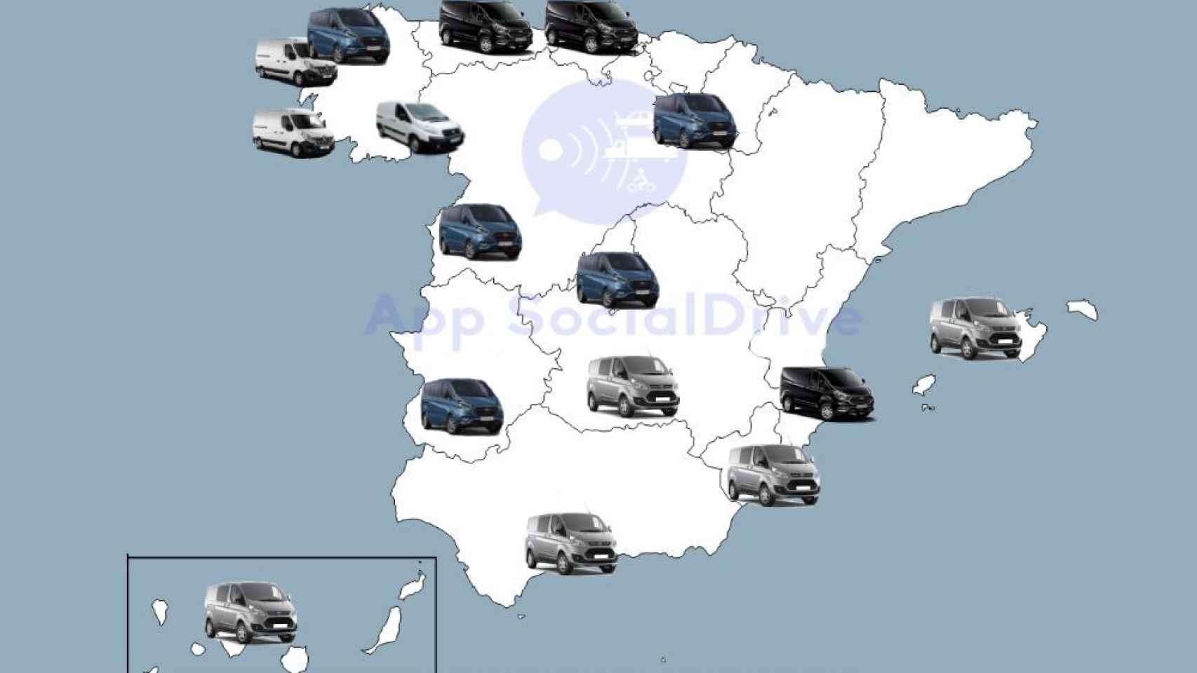 Mapa con la localización de las furgonetas de la DGT, de Social Drive