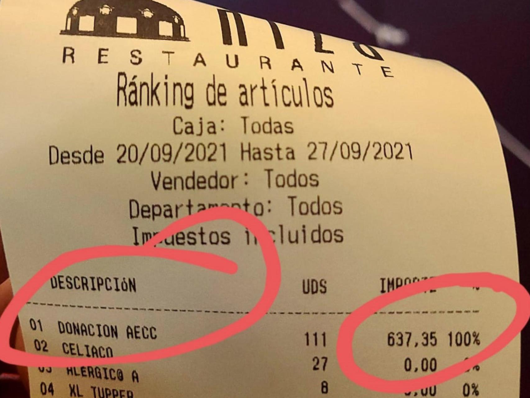 Ticket de la donación desde el Restaurante Niza