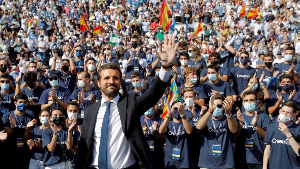 Pablo Casado, este domingo en la Plaza de Toros de Valencia.