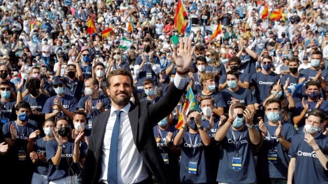 El presidente del Partido Popular, Pablo Casado, en la Plaza de Toros de Valencia.