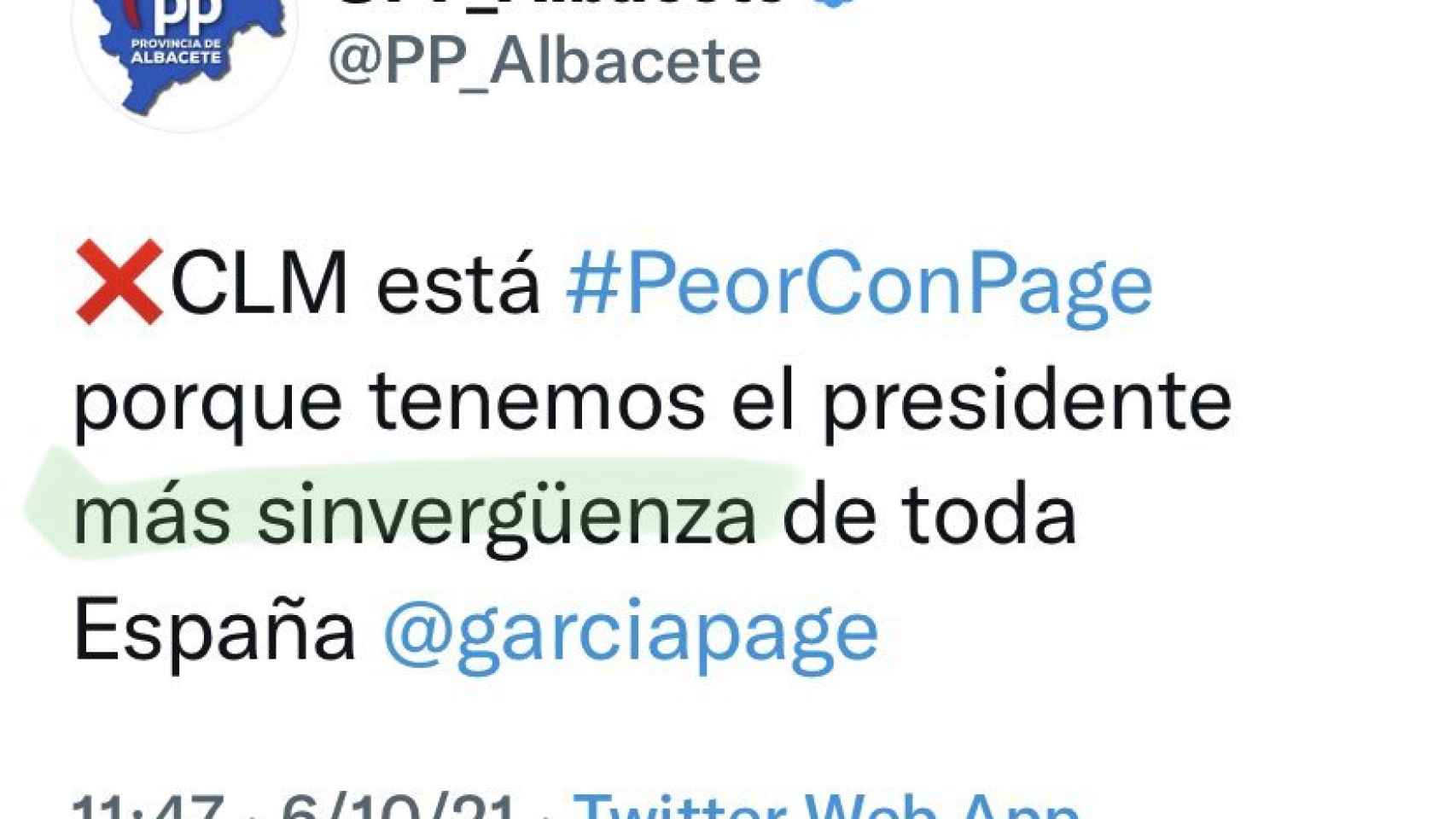 El PP de Albacete pide perdón por llamar sinvergüenza a Page en Twitter