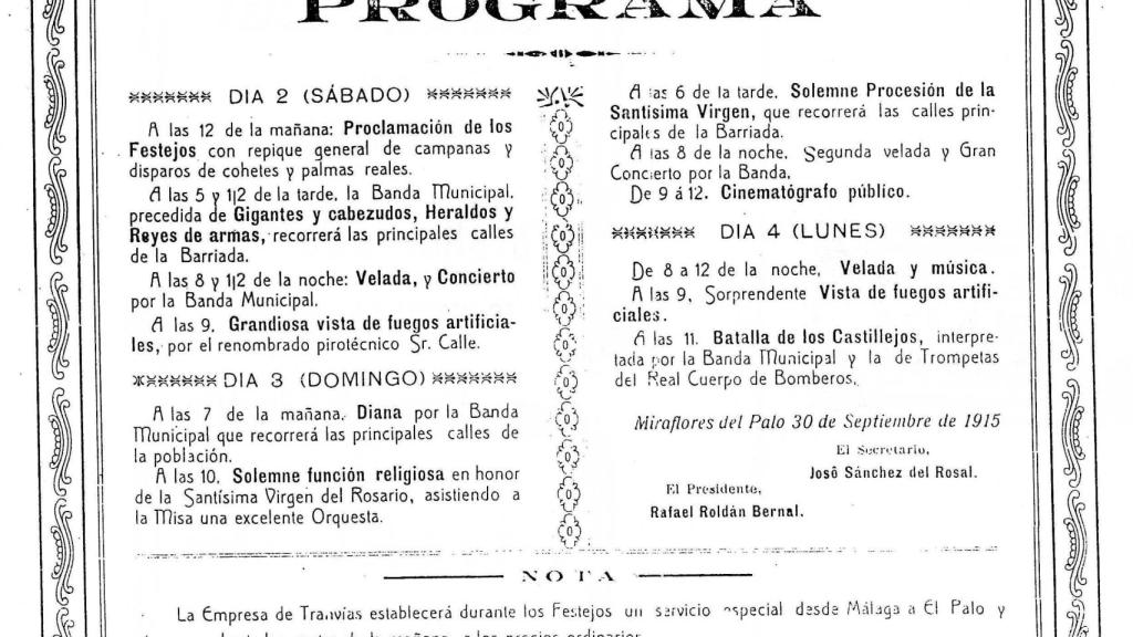 Programa de fiestas en El Palo por la Virgen del Rosario en 1915