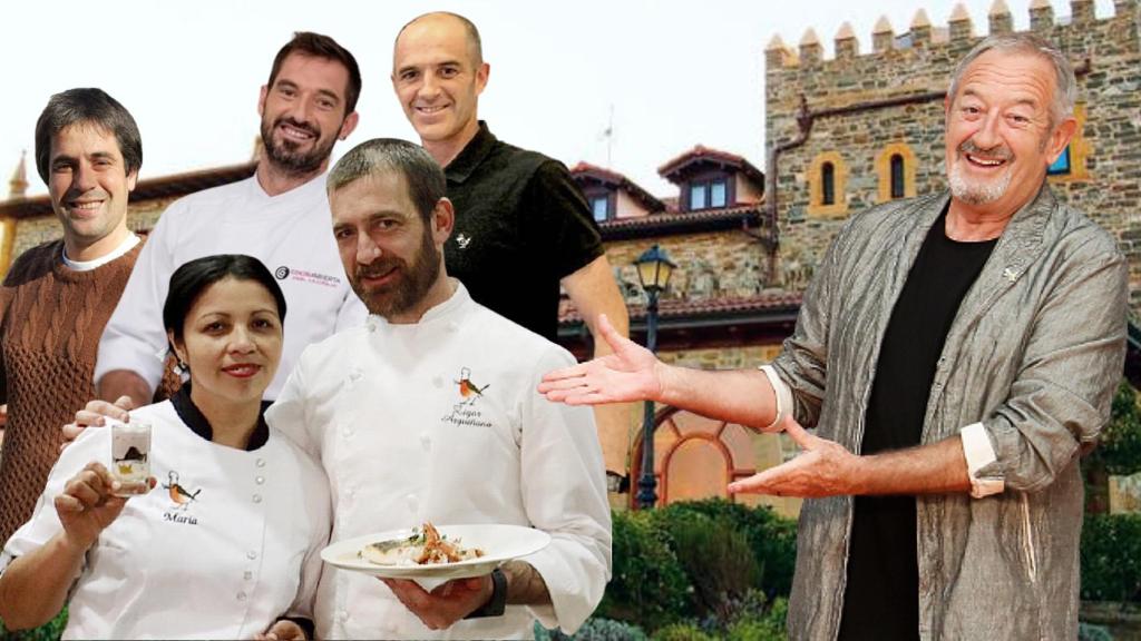 Karlos Arguiñano junto a los 5 de sus 7 hijos que forman parte del hotel, restaurante y escuela en Zarautz.