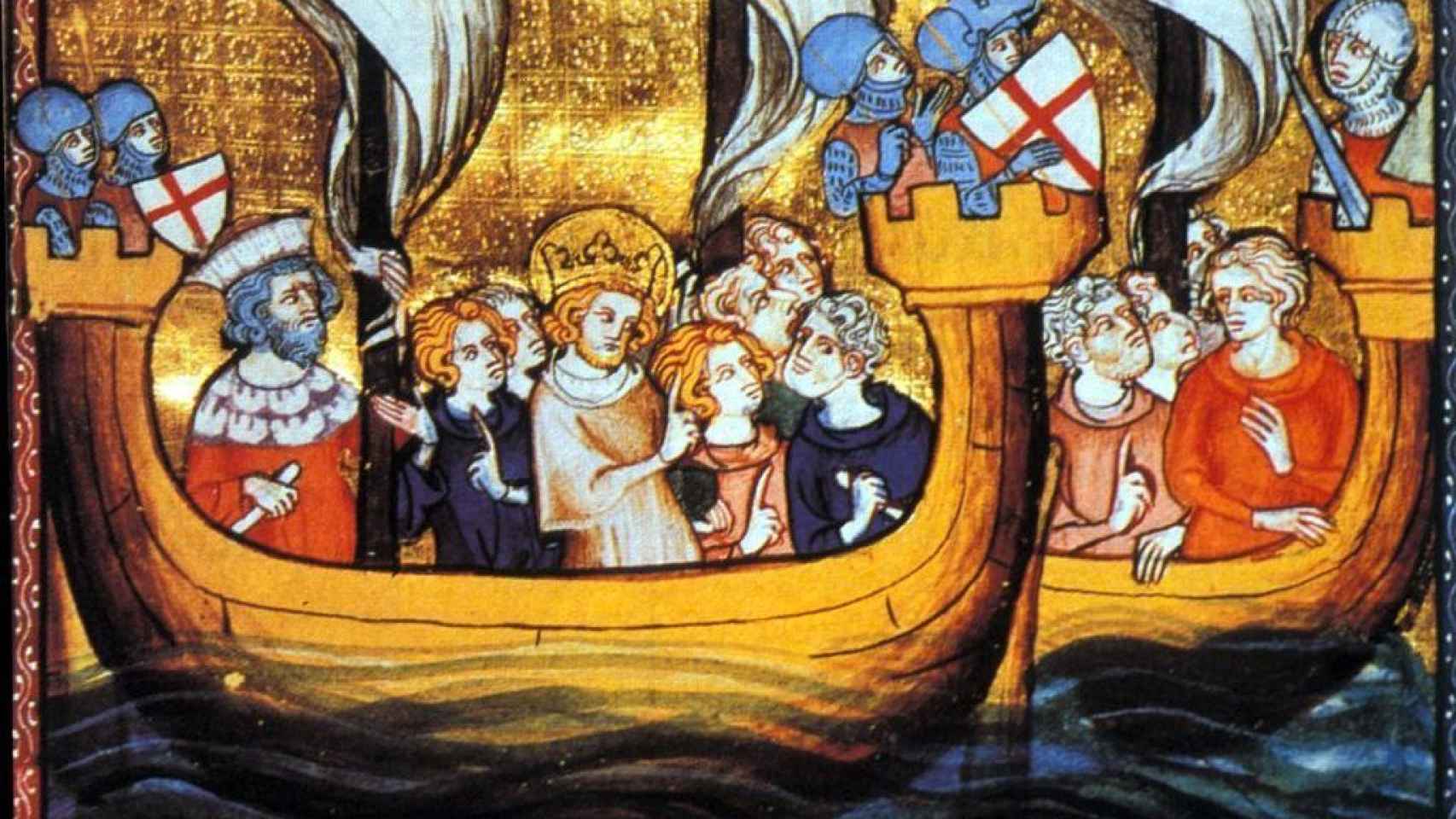 Luis IX navega a la cruzada. Una ilustración de Gillaume de Saint-Pathus.