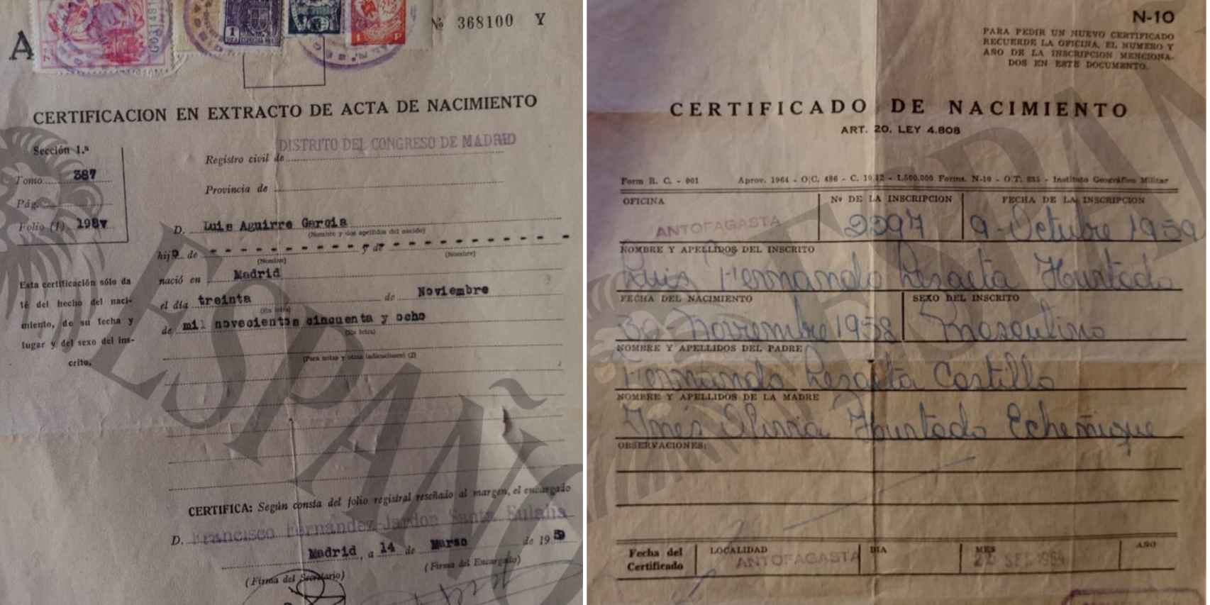 Los dos certificados de nacimiento, uno con el nombre de Luis Aguirre (España) y otro con el de Fernando Lezaeta (Chile).