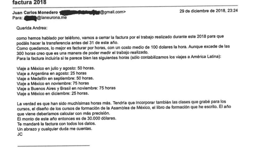 El 'e-mail' remitido por Monedero a una empleada de Neurona.