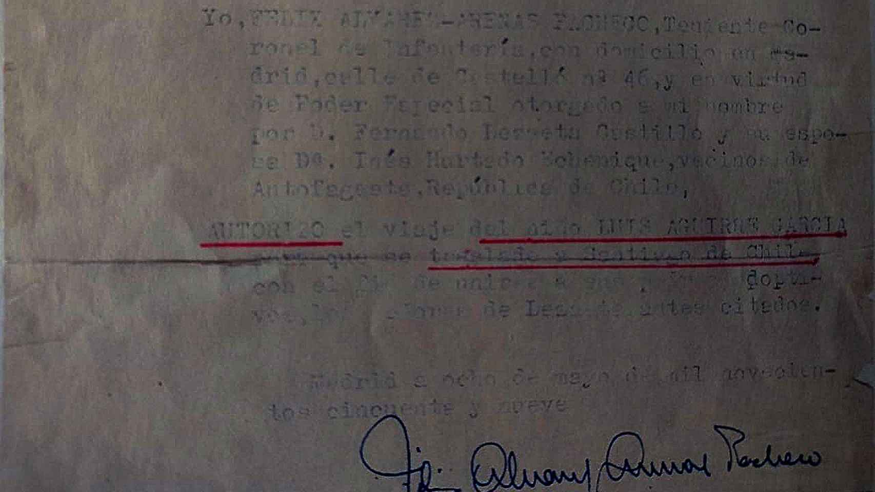 Una de las cartas firmadas por Álvarez-Arenas. En esta, autoriza el viaje de Luis Aguirre a Chile.
