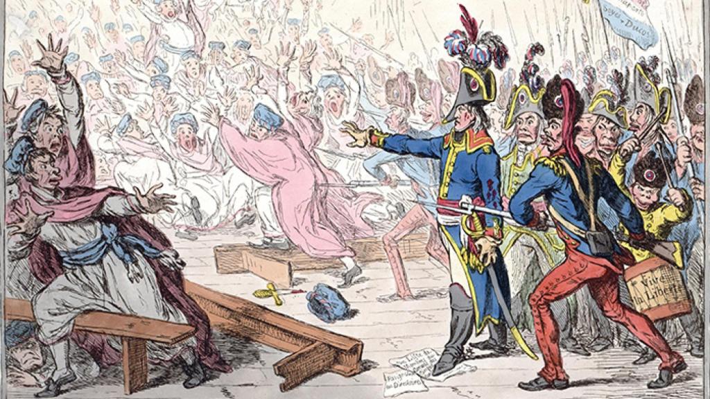 James Gillray: 'Exit liberté à la François' (1799). Caricatura de Napoleón al frente de las tropas revolucionarias