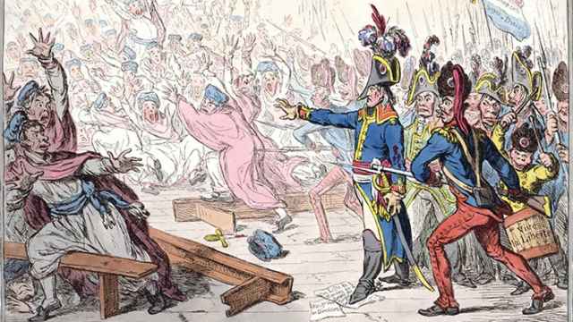 James Gillray: 'Exit liberté à la François' (1799). Caricatura de Napoleón al frente de las tropas revolucionarias