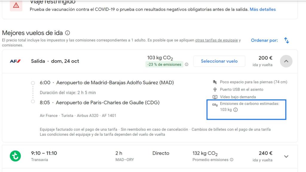 Google señala las emisiones de CO2 de los vuelos