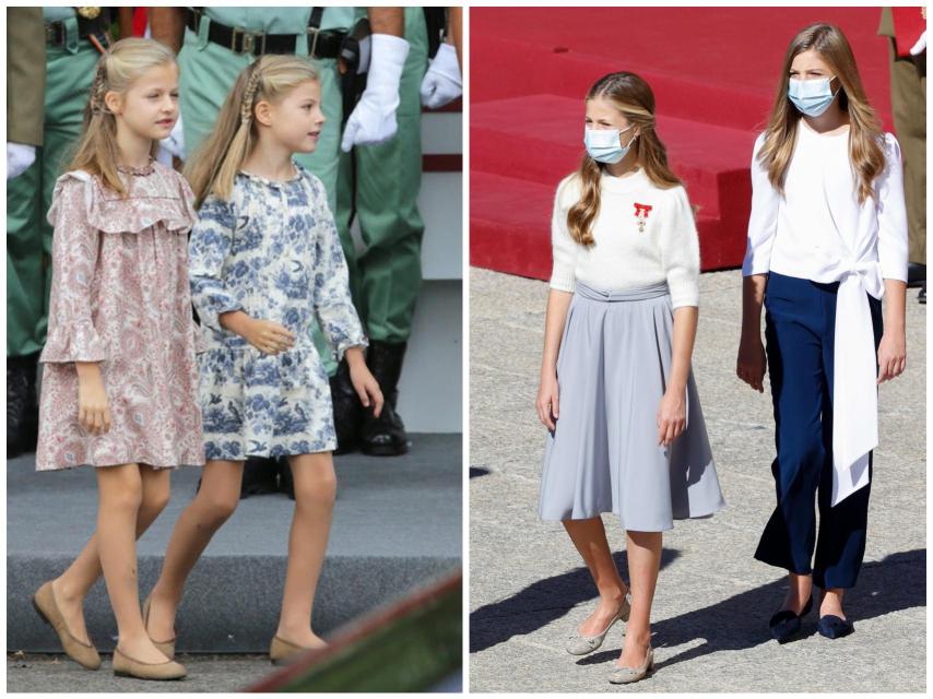 Leonor y Sofía, en su primer desfile del 12 de octubre (2014) y en el último (2020).