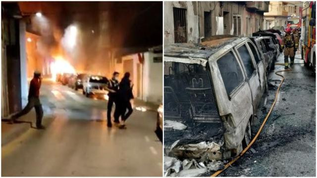 A un lado, los vecinos del bloque de Antón huyendo de las llamas, y al otro, los bomberos junto a coches calcinados.