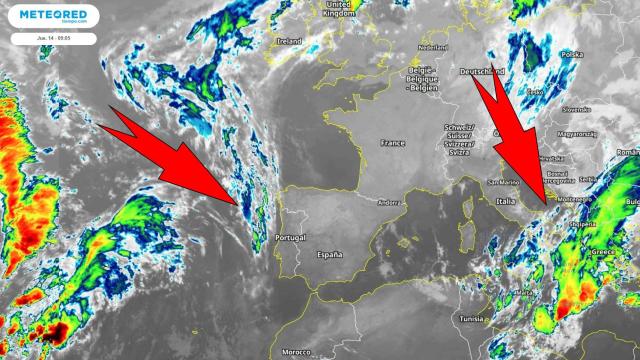 El frente atlántico acercándose (izquierda) y el ciclón Ballos sobre Sicilia (derecha). Meteored.