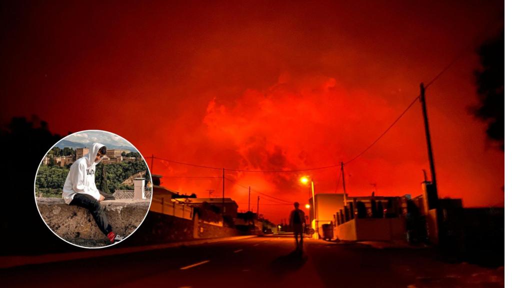 Álvaro, el malagueño que fue a La Palma, dentro del círculo. Fuera, una imagen suya en la isla.