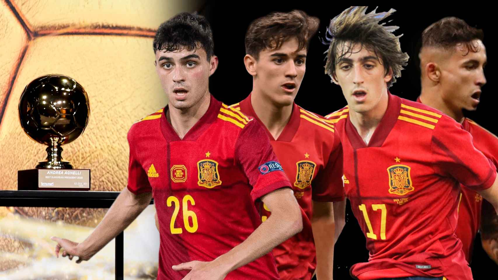 El Golden Boy y los cuatro últimos candidatos españoles para el 2021, Pedri, Gavi, Bryan Gil y Yeremy Pino, en un fotomontaje