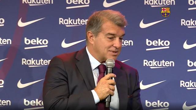 Joan Laporta, durante la rueda de prensa de presentación de Pedri