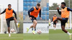 Eder Militao, Fede Valverde y Vinicius Junior, durante un entrenamiento con el Real Madrid, en un fotomontaje