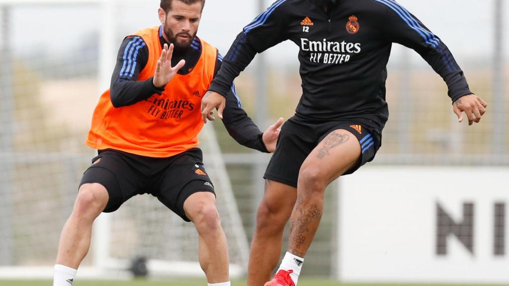 Nacho Fernández y Marcelo, durante un entrenamiento con el Real Madrid