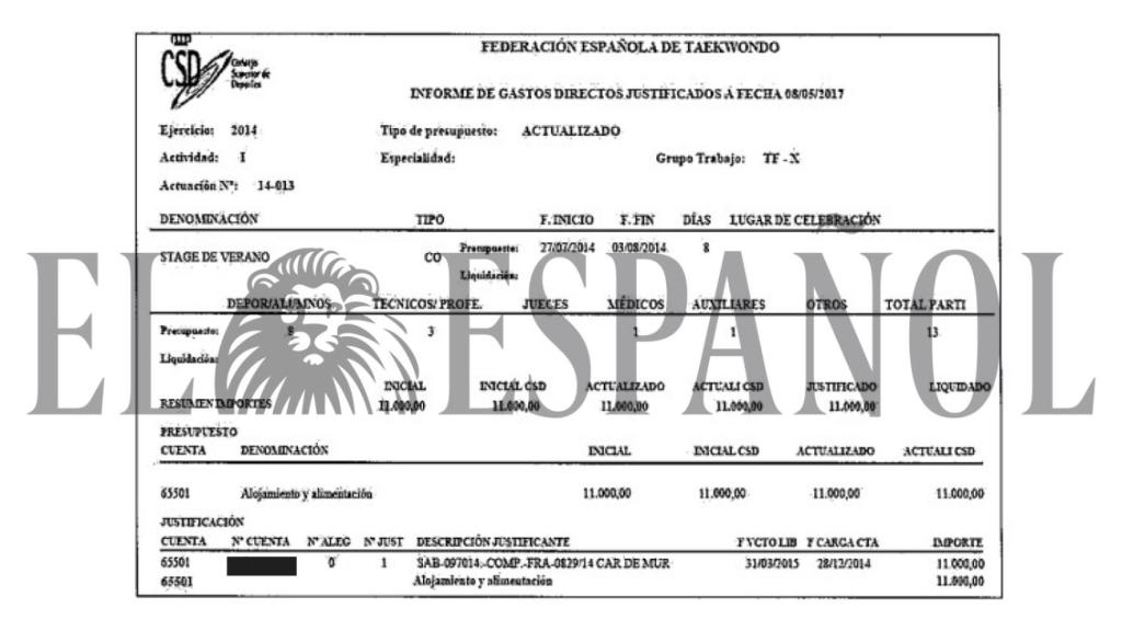 Informe de Gastos Directos Justificados del Stage de Verano, presente en el informe de la UDEF