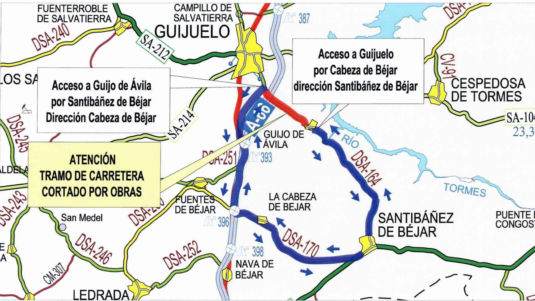 La carretera DSA-164, entre Guijuelo y Guijo de Ávila, cortada por obras hasta febrero de 2022