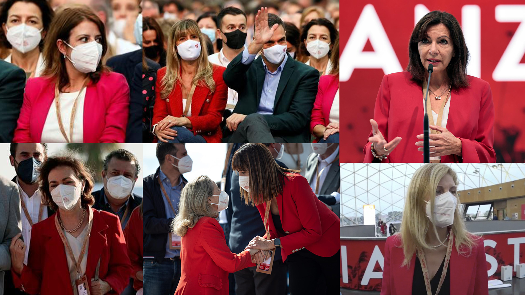 Adriana Lastra, Begoña Gómez, Anne Hidalgo, Carmen Calvo, Nadia Calviño, Idoia Mendía y Amparo Marco, con la chaqueta roja, en el Congreso del PSOE.