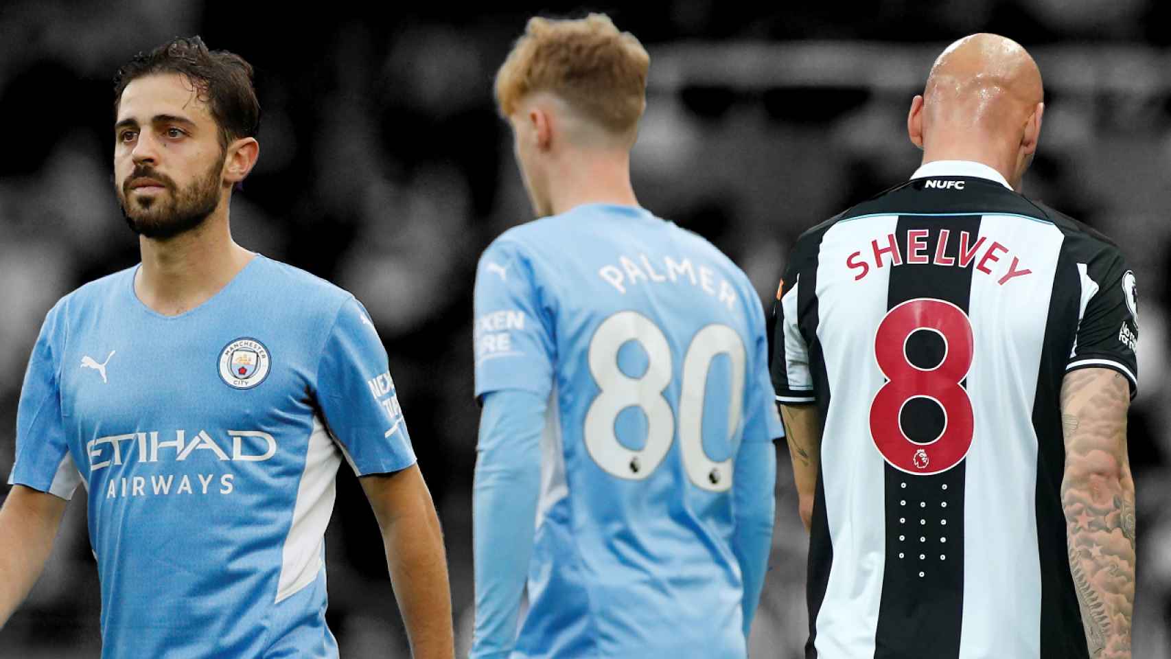 Bernardo Silva, Cole Palmer y Jonjo Shelvey, en un fotomontaje durante partidos del Manchester City y el Newcastle