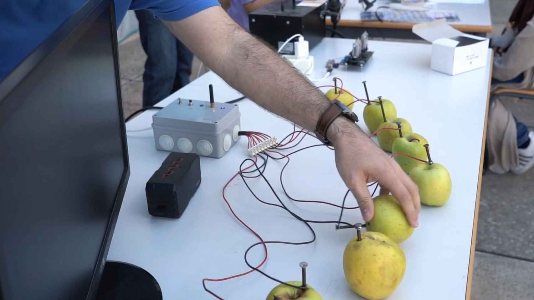 Las manzanas, conectadas a sensores que hacen que suenen como un piano.
