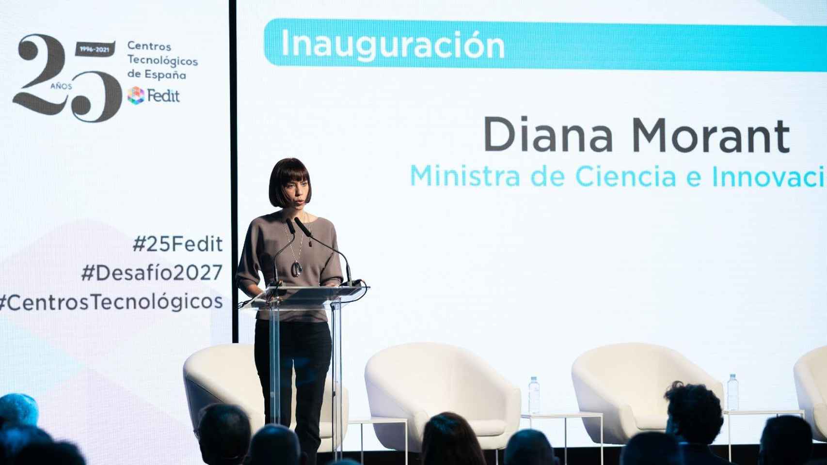 La ministra de Ciencia e Innovación, Diana Morant, durante la inauguración del encuentro con motivo de los 25 años de Fedit.