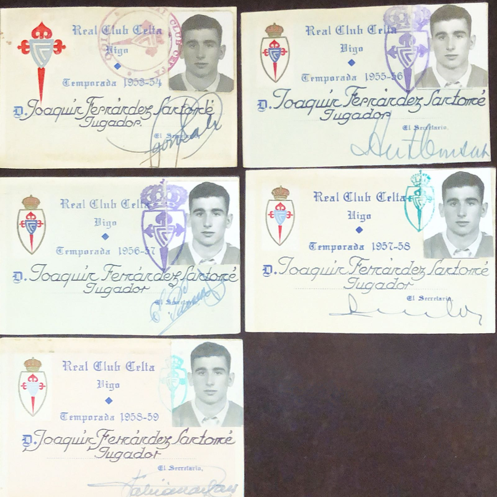 Primeras licencias de Quinocho como futbolista del Celta.