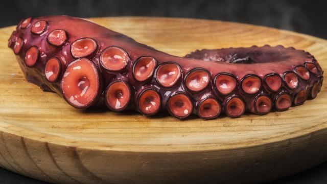 Pulpo cocido sobre un plato de madera.